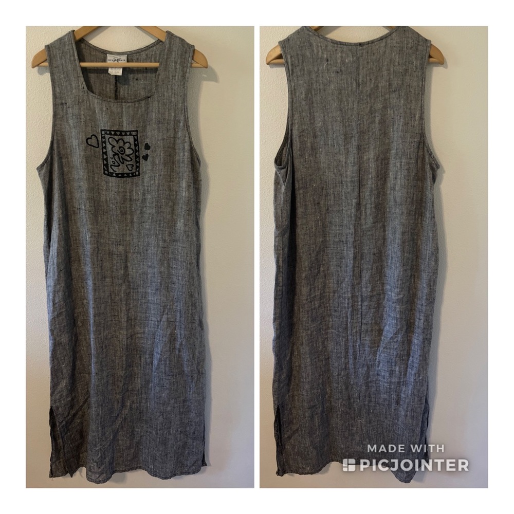 Vintage 90s Studio Ease Linen Square Neck Sleeveless Maxi Dress Gray USA Made-L